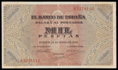1938. Burgos. 1000 pesetas. (Ed. D35) (Ed. 434). 20 de mayo. Marcada doblez central. Raro. MBC.