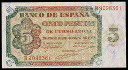 1938. Burgos. 5 pesetas. (Ed. D36a) (Ed. 435a). 10 de agosto. Serie B. Apresto original. Buen ejemplar. S/C-.