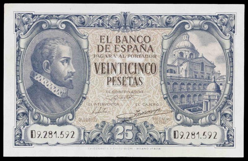 1940. 25 pesetas. (Ed. D37a) (Ed. 436a). 9 de enero, Juan de Herrera. Serie D. M...