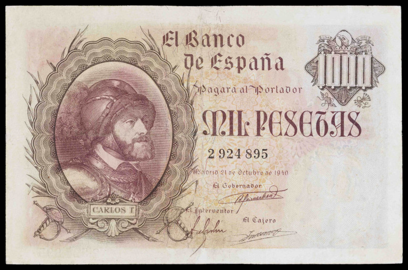 1940. 1000 pesetas. (Ed. D46) (Ed. 445). 21 de octubre, Carlos I. Descolorido. R...