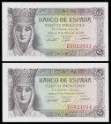 1943. 5 pesetas. (Ed. D47a) (Ed. 446a). 13 de febrero, Isabel la Católica. Pareja correlativa, serie E. S/C-.