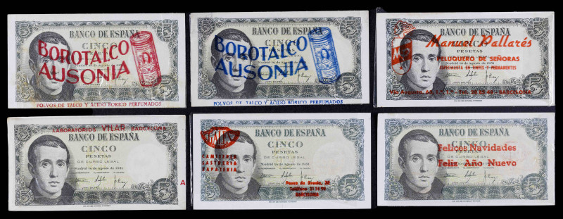 1951. 5 pesetas. 16 de agosto, Balmes. Lote de 6 billetes de diversas series en ...