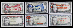 1951. 5 pesetas. 16 de agosto, Balmes. Lote de 6 billetes de diversas series en sobres de cuatro establecimientos diferentes. Incluye una pareja corre...