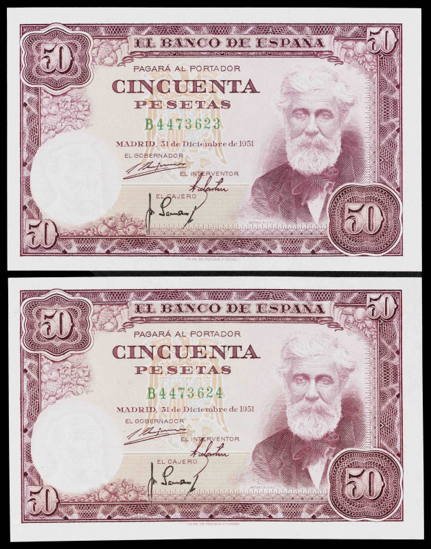 1951. 50 pesetas. (Ed. D63a) (Ed. 462a). 31 de diciembre, Rusiñol. Pareja correl...