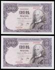 1976. 5000 pesetas. (Ed. E1) (Ed. 475). 6 de febrero, Carlos III. Pareja correlativa, sin serie. Doblez central. Apresto original. EBC-.