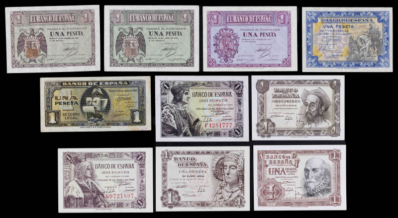 1937 a 1953. 1 peseta. Lote de 10 billetes, todos distintos. A examinar MBC/S/C-...