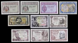 1937 a 1953. 1 peseta. Lote de 10 billetes, todos distintos. A examinar MBC/S/C-.