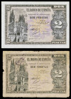 1937 y 1938. Burgos. 2 pesetas. (Ed. D27 y D30a) (Ed. 426 y 429a). 2 billetes. A examinar. BC-/S/C-.