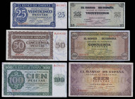 1936 a 1938. Burgos. 25 (dos), 50 (dos) y 100 pesetas (dos). (Ed. D20a, D21a, D22a, D31a, D32a y D33a) (Ed. 419a, 420a, 421a, 430a, 431a y 433a). 6 bi...