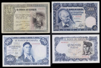 1940 a 1971. 500 pesetas. (Ed. D45, D61a, D69b y D74) (Ed. 444, 460a, 468b y 473). 4 billetes diferentes. A examinar. BC/MBC+.