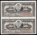 1897. El Banco Español de la Isla de Cuba. 20 centavos. (Ed. CU82) (Ed. 85). Habana, 15 de febrero. Pareja correlativa sin cortar. S/C-.
