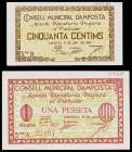 Amposta. 50 céntimos y 1 peseta. (T. 212d y 211). 2 billetes, serie completa. Escasos así. EBC/EBC+.