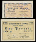 Arboç. 25 céntimos y 1 peseta. (T. 225 y 227). 2 billetes. Escasos así. EBC/EBC+.