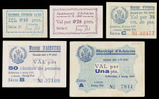 Arbúcies. 10, 25 (dos), 50 céntimos y 1 peseta. (T. 230 a 232, 235 y 236). 5 billetes, una serie completa. MBC+/EBC-.