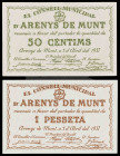 Arenys de Munt. 50 céntimos y 1 peseta. (T. 247a y 248). 2 billetes, todos los de la localidad. Escasos así. EBC+.