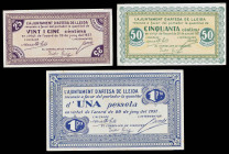 Artesa de Lleida. 25, 50 céntimos y 1 peseta. (T. 287 a 289). 3 billetes, serie completa. Escasos así. EBC/EBC+.