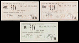 Artesa de Segre. 50 céntimos (dos) y 1 peseta. (T. 294 y 298). 3 billetes, series distintas. Uno de 50 céntimos nº 000353. Escasos. MBC-/MBC.