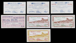 Balaguer. 25 (tres), 50 céntimos (tres) y 1 peseta. (T. 340, 341, 342b, 343, 343a y 343c). 7 billetes. BC+/EBC.