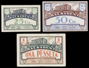 Balsareny. 25, 50 céntimos y 1 peseta. (T. 349, 350a y 351a). 3 billetes, serie competa "sin hermita". El de 50 céntimos, nº 0136. MBC-/MBC+.