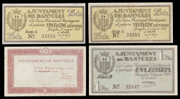 Banyoles. 25 (dos), 50 céntimos y 1 peseta. (T. 356 a 358). 4 billetes, una serie completa. BC+/MBC+.