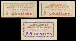 Barberà de la Conca. 5 (dos) y 25 céntimos. (T. 367a y 368a). 3 billetes, una serie completa. BC+/MBC-.
