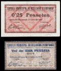Bellcaire d'Empordà. 25 céntimos y 1 peseta. (T. 432b y 433a). 2 billetes, serie completa. MBC/EBC-.