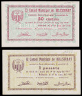 Bellserrat. 50 céntimos y 1 peseta. (T. 456e y 457b). 2 billetes, todos los de la localidad. MBC+/EBC-.