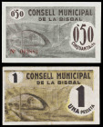 La Bisbal d'Empordà. 50 céntimos y 1 peseta. (T. 541 y 542). 2 billetes, serie completa. MBC-/MBC+.