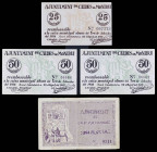 Caldes de Montbui. 25, 50 céntimos y 1 peseta. (T. 695, 697 y 698). 4 billetes, una serie completa. Los 50 céntimos, pareja correlativa. BC+/EBC+.