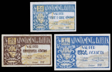 Calella. 25, 50 céntimos y 1 peseta. (T. 700b, 701 y 702a). 3 billetes, serie completa. MBC-/MBC+.