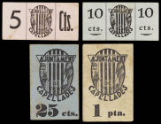 Capellades. 5, 10, 25 céntimos y 1 peseta. (T. 770 y 775 a 777). 4 cartones, una serie completa. Raros. MBC/EBC-.