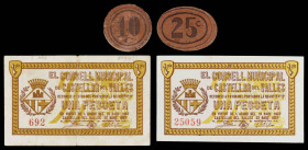 Castellar del Vallès. 10, 25 céntimos y 1 peseta (dos). (T. 808 a 810). 2 billetes y 2 cartones-cuero, una serie completa. Conjunto raro. MBC-/EBC.