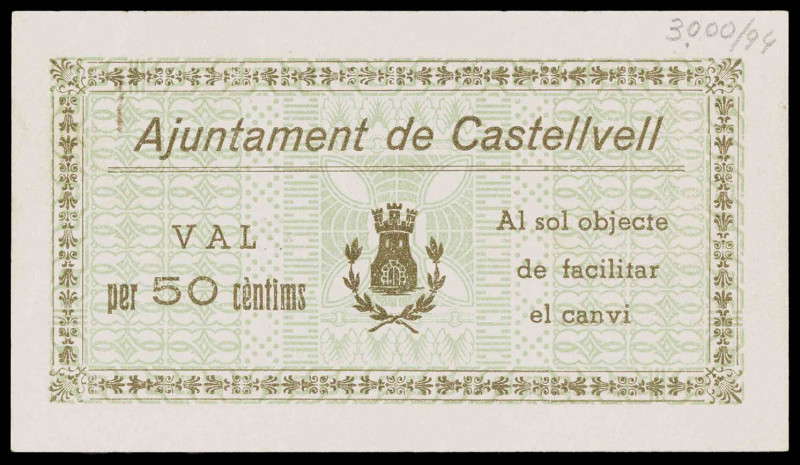 Castellvell. 50 céntimos. (T. 899c). Señal de clip. Raro. (EBC).