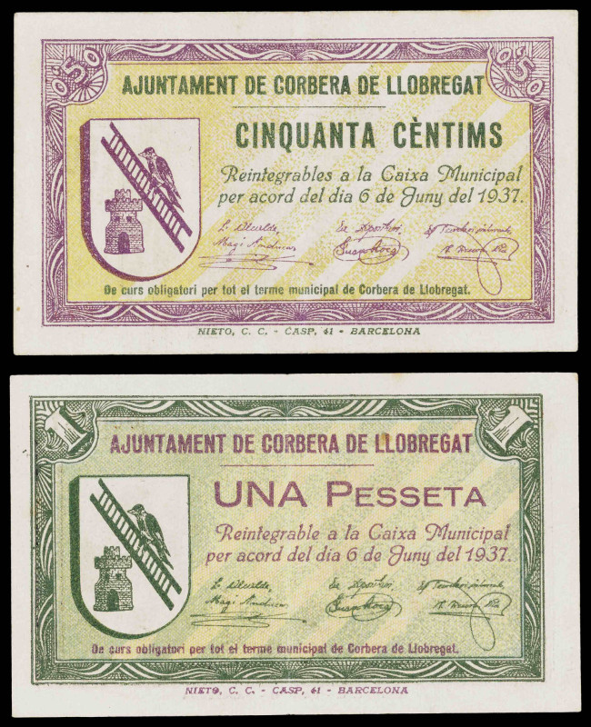 Corbera de Llobregat. 50 céntimos y 1 peseta. (T. 1009 y 1010). 2 billetes, todo...
