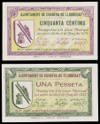 Corbera de Llobregat. 50 céntimos y 1 peseta. (T. 1009 y 1010). 2 billetes, todos los de la localidad. MBC-/MBC.