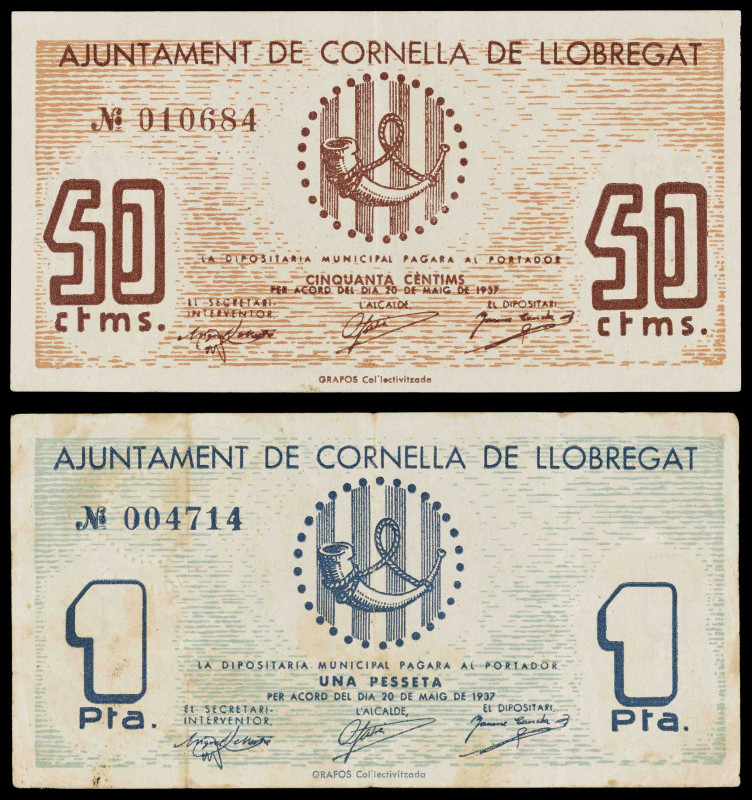 Cornellà de Llobregat. 50 céntimos y 1 peseta. (T. 1022 y 1023a). 2 billetes, to...