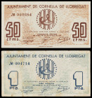 Cornellà de Llobregat. 50 céntimos y 1 peseta. (T. 1022 y 1023a). 2 billetes, todos los de la localidad. MBC-/EBC.