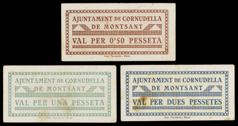 Cornudella de Montsant. 50 céntimos, 1 y 2 pesetas. (T. 1029 a 1031). 3 billetes...