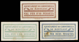Cornudella de Montsant. 50 céntimos, 1 y 2 pesetas. (T. 1029 a 1031). 3 billetes, serie completa. Escasos. MBC-/MBC.