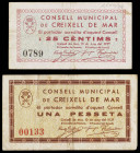 Creixell de Mar. 25 céntimos y 1 peseta. (T. 1038 y 1040). 2 billetes. El de 1 peseta, nº 00133. Escasos BC/BC+.