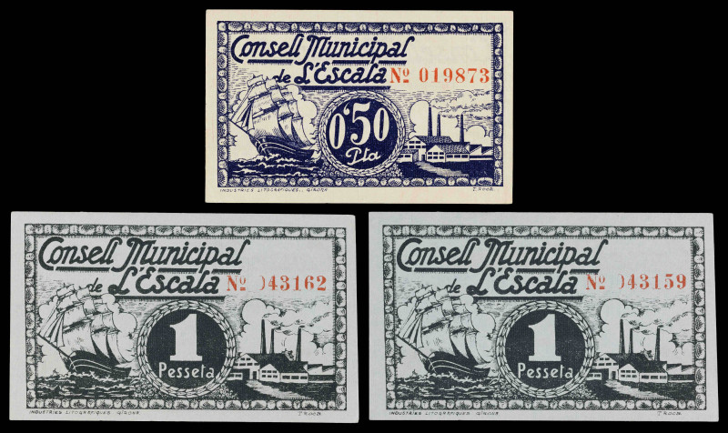L'Escala. 50 céntimos y 1 peseta (dos). (T. 1068c y 1069b). 3 billetes, todos lo...