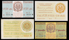 Esparraguera. 25 céntimos (dos) y 1 peseta (dos). (T. 1071b, 1072, 1074 y 1075). 4 billetes, una serie completa. MBC-/EBC.