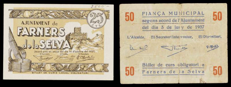 Farners de la Selva. 25 y 50 céntimos. (T. 1146 y 1149). 2 billetes. BC+/MBC+.