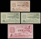 La Fartarella. 25, 50 céntimos (dos) y 1 peseta. (T. 1156, 1157a y 1158). 4 billetes. MBC-/MBC.