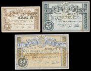 Fonts de Sacalm. 10, 25 y 50 céntimos. (T. 1210a, 1211 y 1212). 3 billetes. BC+/MBC.