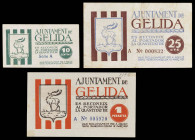 Gelida. 10, 25 céntimos y 1 peseta. (T. 1285, 1287 y 1288). 3 billetes. MBC-/EBC-.