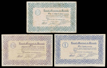 Gironella. 25, 50 céntimos y 1 peseta. (T. 1302b, 1303 y 1304). 3 billetes, serie completa. BC/EBC-.