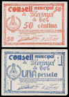 Glevinyol de Ter. 50 céntimos y 1 peseta. (T. 1315 y 1316). 2 billetes, todos los de la localidad. Leves roturas. (MBC-/MBC).