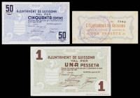 Guissona. 50 céntimos y 1 peseta (dos). (T. 1402, 1404 y 1405). 3 billetes. MBC+/EBC.