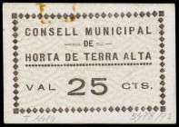 Horta de Terra Alta. 25 céntimos. (T. 1414). Cartón. Restos de clip. Raro. MBC+.